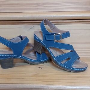 Blue Leather Strappy Block Heel Sandals